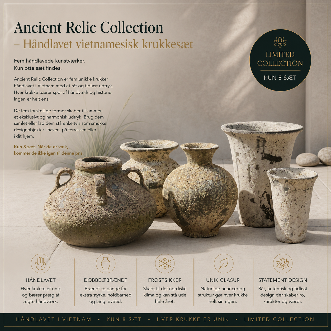 Ancient Relic Collection. Håndlavet vietnamesisk krukkesæt (5 krukker) Limited Collection