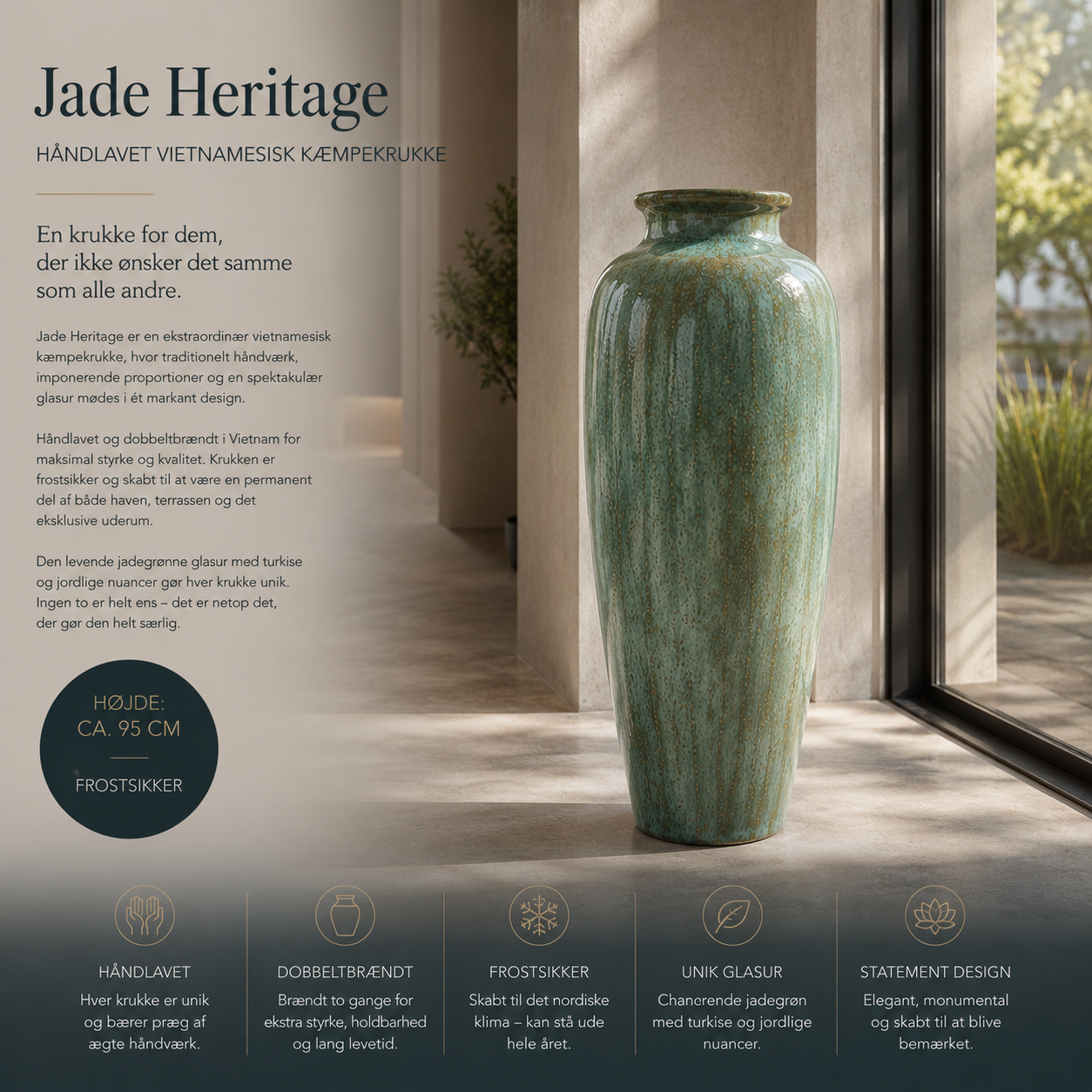 Jade Heritage – Håndlavet vietnamesisk kæmpekrukke (95 cm høj)