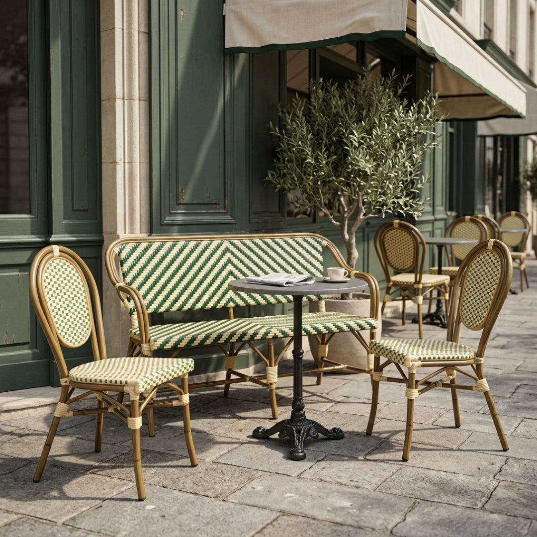 Paris Cafésæt (Cafébænk + 2 Stole) – AFRICA 4 Bordstel & Bordplade i Komprimeret Natursten Ø70 cm