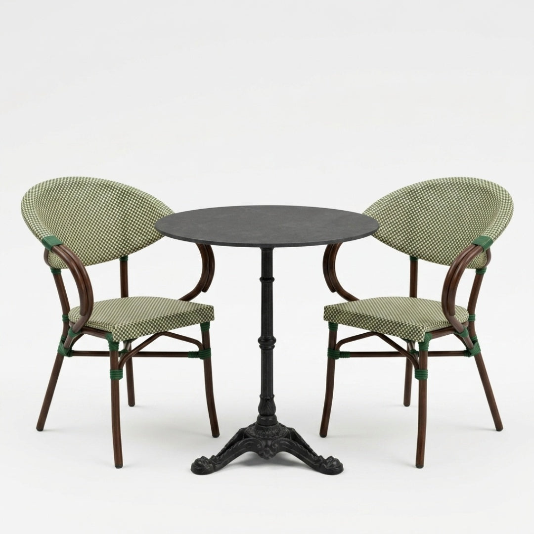 Paris 2 Cafésæt (2 Stole) – AFRICA 3 Bordstel & Bordplade i Komprimeret Natursten Ø60 cm
